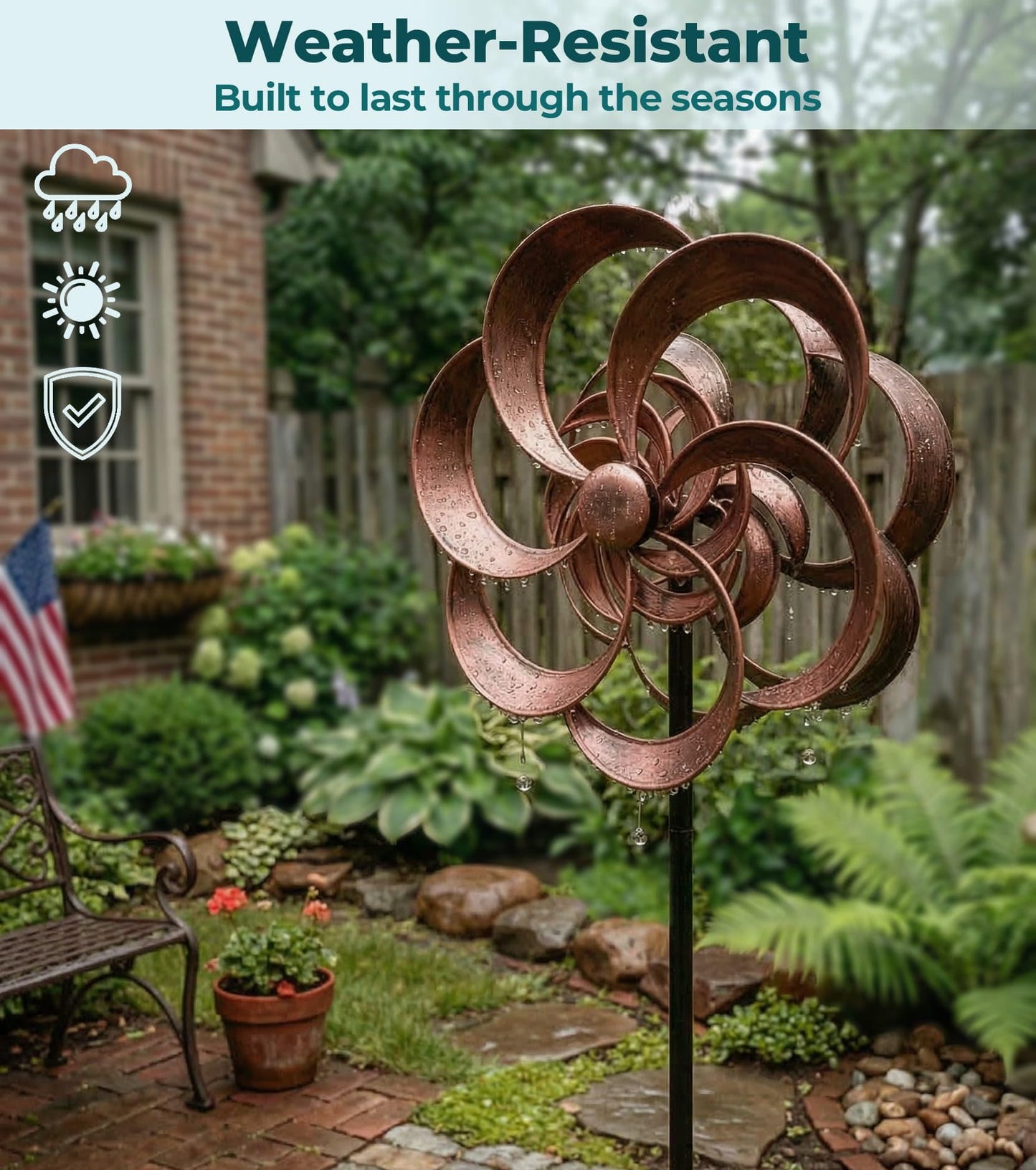 Gronhof 63" Metal Wind Spinner Outdoor, Double-Sided Kinetic Yard Spinner, Smooth Spinning Garden Decor, Stable 5-Prong Stake, Copper Yard Art for Lawn & Patio