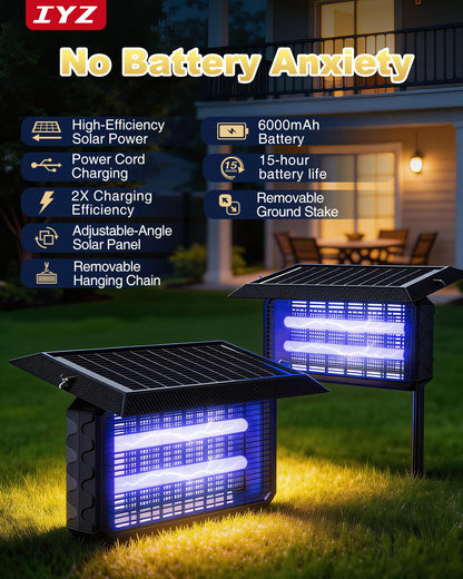 IYZ Solar Bug Zapper Outdoor, 6000mAh Rechargeable Mosquito Killer with 15" Large Grid,Waterproof, Portable Fly Trap for Patio, Yard, Garden, Home & Camping (Black)