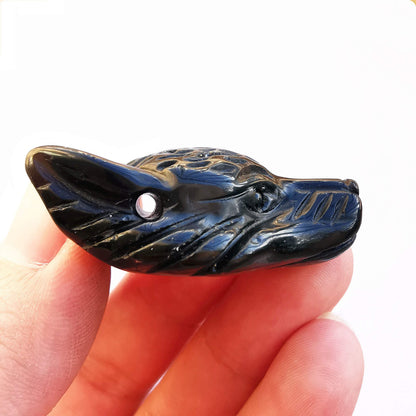 Bacatgem Natural Black Obsidian 1.57 inchs Wolf Head Pocket Crystals and Healing Stone Figurine,Haped DIY-Jewelry Pendant