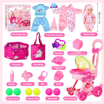 HUITEM Baby Doll Stroller Toys Set, 17 PCS Baby Doll Accessories Stroller Toys with Baby Dolls,2 Sets Doll Clothes, Playpen, Handbag, Feeding Nursery Pretend Play Gifts for Girls Toddlers 3 4 5