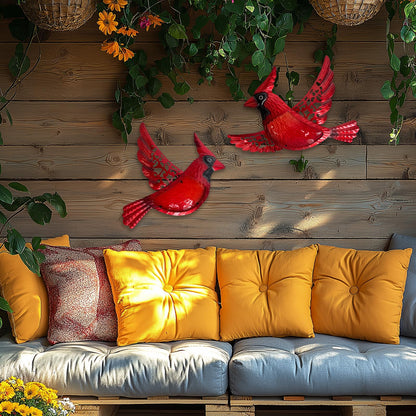 HONGLAND Metal Cardinal Wall Art 12inch Metal Birds Wall Sculpture Garden Decoration Outdoor Statue Patio Fence Hanging Plaques 2 Pack