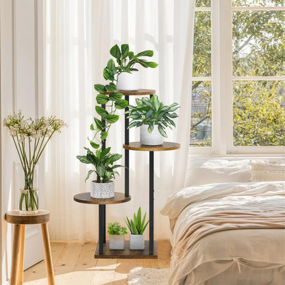 SMFANLIN 4 Tier Plant Stand Indoor, Metal Wooden Tall Plant Shelf Flower Pot Stand for Multiple Plants, Corner Flower Holder Plant Display Rack for Living Room Balcony Patio Garden (Rustic Brown)