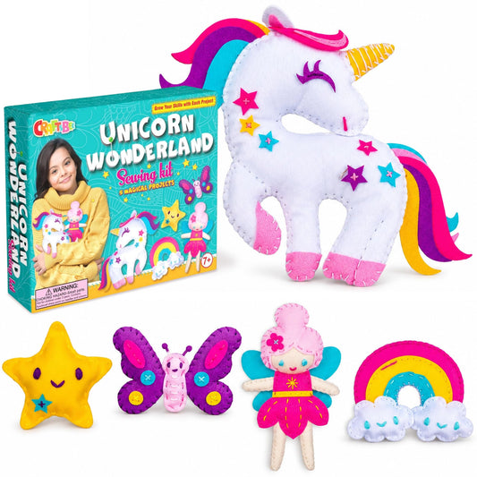 CRAFTSBEE Unicorn Sewing Kit for Kids Ages 7-12 — 5 Large Felt Stuffed Animals, 3 Skill Levels — Beginner Arts and Crafts, Birthday Gift for Girls