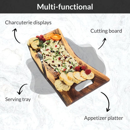 Acacia Charcuterie Board with Natural Live Edge & Round Handle - Wood Cheese Board - Decorative Wooden Serving & Cutting Board - Housewarming, Mothers Day, New Home & Wedding Gifts (18” x 8”)