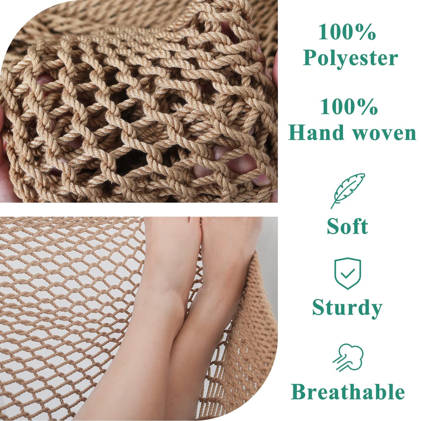 Upgraded Caribbean Hammock Chair with Detachable Metal Bar, Large Hammock Swing Chair, XL Rope Hanging Chair for Outdoor Indoor, 330 LBS Weight Capacity, Burlywood