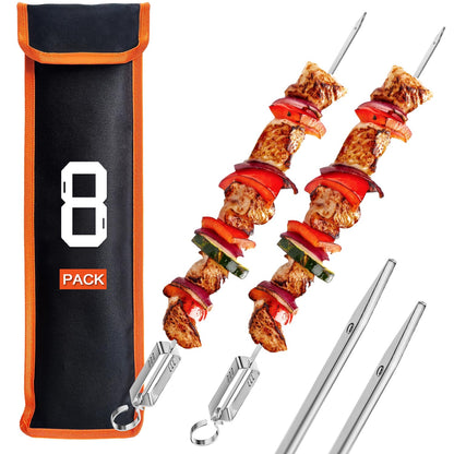 ESOW Metal BBQ Skewers for Grilling-16.83" Long Flat Kebab Sticks with Push Bar, Stainless Steel 304 Shish Kabob Skewers for Camping, Set of 8 with Bag