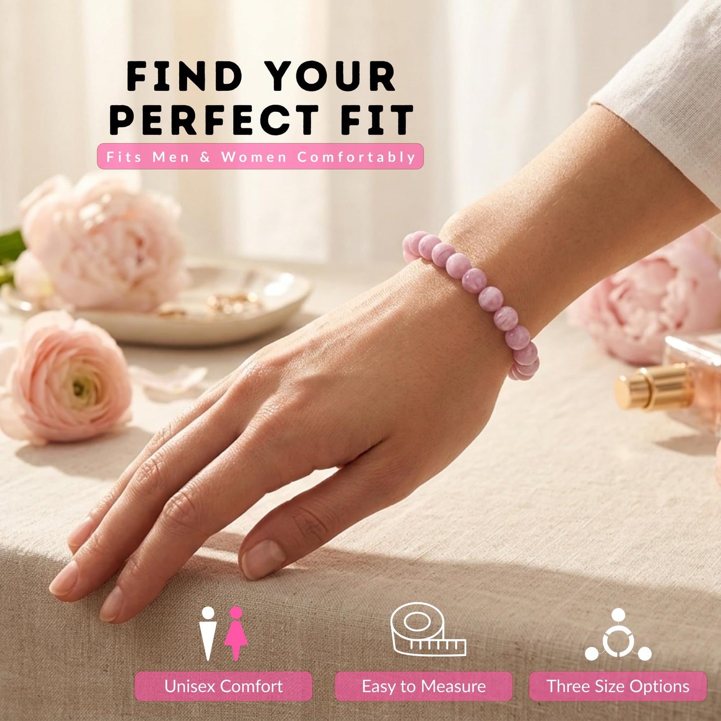 Cherry Tree Collection Kunzite Beaded Bracelet – Genuine 8mm Gemstone Stretch Bracelet for Men & Women – Handmade Crystal Bracelet - (Kunzite - M)