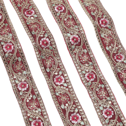 CABODYALS 10 Yards 1.6 Inch Dark Red Embroidered Ribbon Metallic Sequin Gold Floral Jacquard Trim Tape Polyester Flower Woven Embroidery Applique Ribbons for Sewing Making Clothes Crafts Dresses Decor