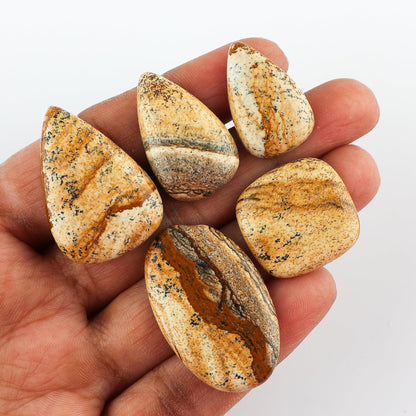 CRYSTALINES 5pcs, Natural Picture Jasper Gemstone, Bulk Cabochon Stone, Wholesale Polished Loose Supply, DIY Craft-Jewelry Making, Chakra Healing Crystal, Wire Wrapping, Gem Collection