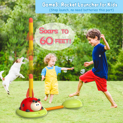 4 in 1 Musical Jump, Toss Ring Game, Baseball Toys and Stomping Launch Rocket Launcher for Kids Toys & Games with Remote, Indoor Outdoor Toys for Kids Ages 4-8 3-5 Baseball Party Favors Birthday Gift