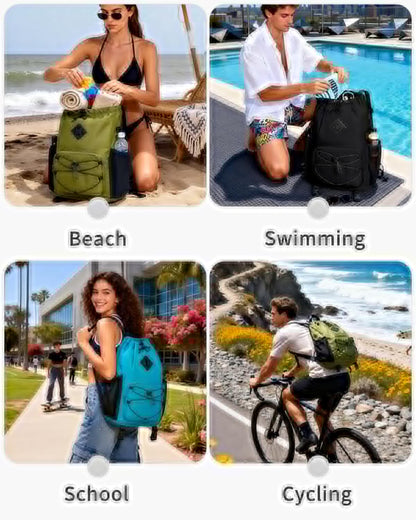 WANDF Drawstring Backpack with Removable Wet Pocket, Sandproof Beach Backpack with Bottom Compression Strap for Beach Mat, Swim Bag for Pool, Gym, Travel and Workout Gear (Dark Green)