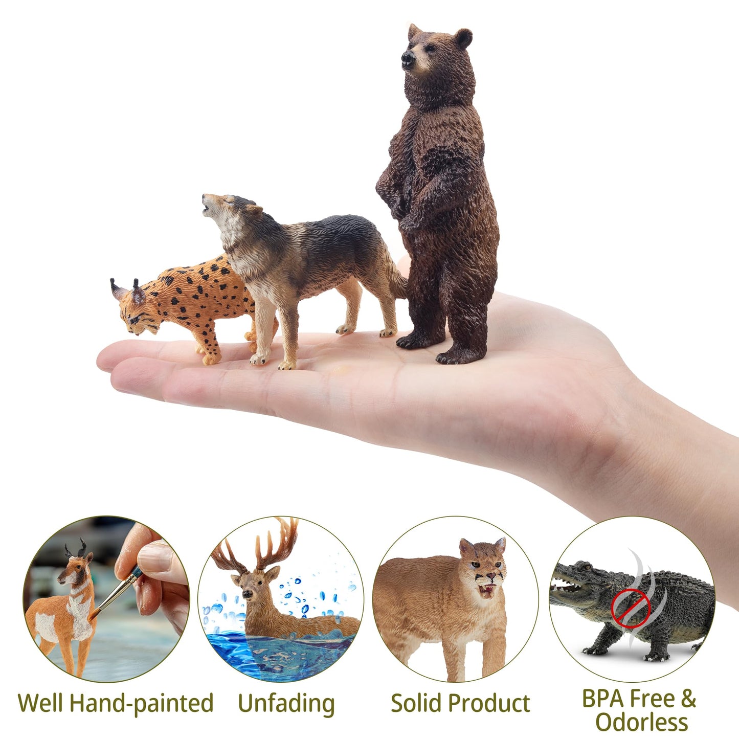 Toymany 12PCS North American Forest Animal Figurines, Realistic Jungle Zoo Animal Set Includes Moose,Cougar,Wolf,Bear,Eagle,Deer Educational Toy Cake Toppers Christmas Birthday Gift for Toddlers