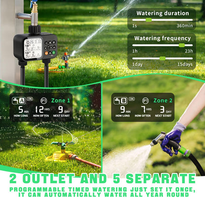 Sprinkler Timer for Garden Hose, 2 Zone Water Timer with with Auto Rain Delay, IP54 Waterproof 3.3“ Large LCD Drip Irrigation System Timers for Plant, Yard, Lawns, Outdoor