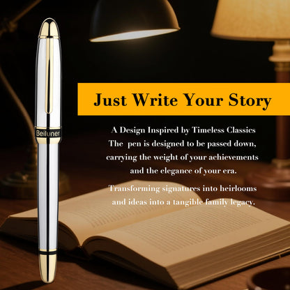 BEILUNER 315 Silver Chrome Fountain Pen,Stunning Luxury Pens with 24K Gold Accents, Gorgeous 24K Gilded Nib(Medium), Ink Converter,Fancy Pen Gift for Men&Women-Elegant, Office, Reliable, Nice Design