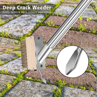 GHWMYD Crack Weeder Brush Heavy Duty Wire Broom Set, Multifunction Moss Grout Remover with Scraper Weed Puller, Detachable 64.9in Handle for Outdoor Deck Pavers Patios Walkways Concrete Floor Cleaning