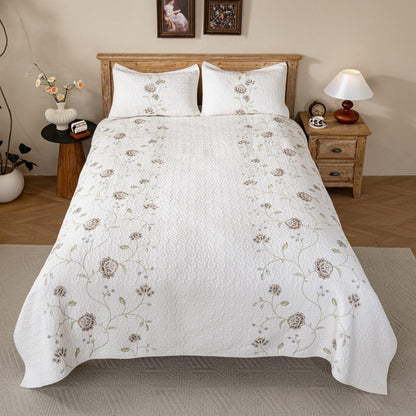 meadow park Embroidery Quilt Set 3-Piece Prewashed. 100% Cotton. Embroidery and Allover Quilting. Queen Size Bed Spread. Ivory Color.