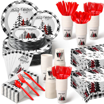 Dandat 402 Pcs Disposable Party Supplies - Christmas Plates Napkins Cups Tablecloth for Holiday Xmas (Black White, Christmas Tree)