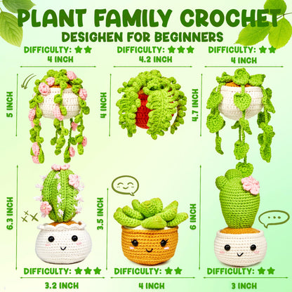 MAGIMUSE Crochet Kit for Beginners, Crochet Starter Kits, Amigurumi Craft Knitting Crocheting Kits with Step-by-Step Video Tutorials, 6 Pack Hanging Potted Plants Family(40%+ Yarn