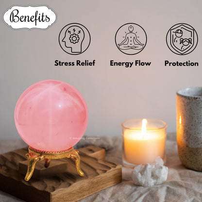 Amazing Gemstone Star Rose Quartz Crystal Ball with Stand - 2 Inches Crystal Sphere Meditation Balls for Witchcraft and Decorative Balls