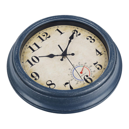 Horizent Outdoor Clocks Waterproof with Thermometer Rustic Coastal Wall Clock Decor for Patio Pool Garden(12 Inch,Blue)
