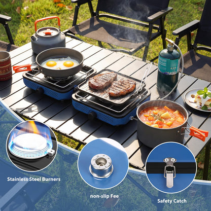 Hisencn 2 Burner Propane Camping Stove, 30000 BTU Foldable Portable Gas Stove with Cookware Set & Carry Bag, Outdoor Cooking for Camping, RV, Emergency Use, Blue