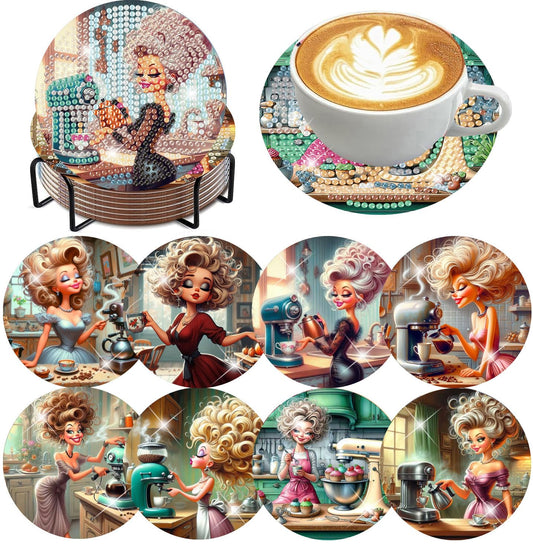 8 Pack Diamond Art Coasters Kits, Coffee Diamond Painting Coasters Kit Set with Holder Cork Pads, DIY Coffee Diamonds Art Non Slip Coaster Crafts Kits for Adults Beginners Gifts