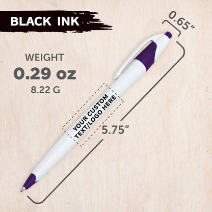Personalized Ballpoint Pens Set of 10/50/100 by DISCOUNT PROMOS- Black Ink, Slim & Curvy Design, Retractable, Ideal for Office, Corporate Merchandise, Tradeshows- Purple