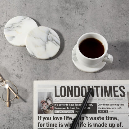 Koville Marble Coaster Set of 4, Round Coasters, 4" Stone Coaster for Drinks Coffee, Marble Coasters for Coffee Table Home Bar Decor, Heat Resistant, Gift Choice(Arabescato)