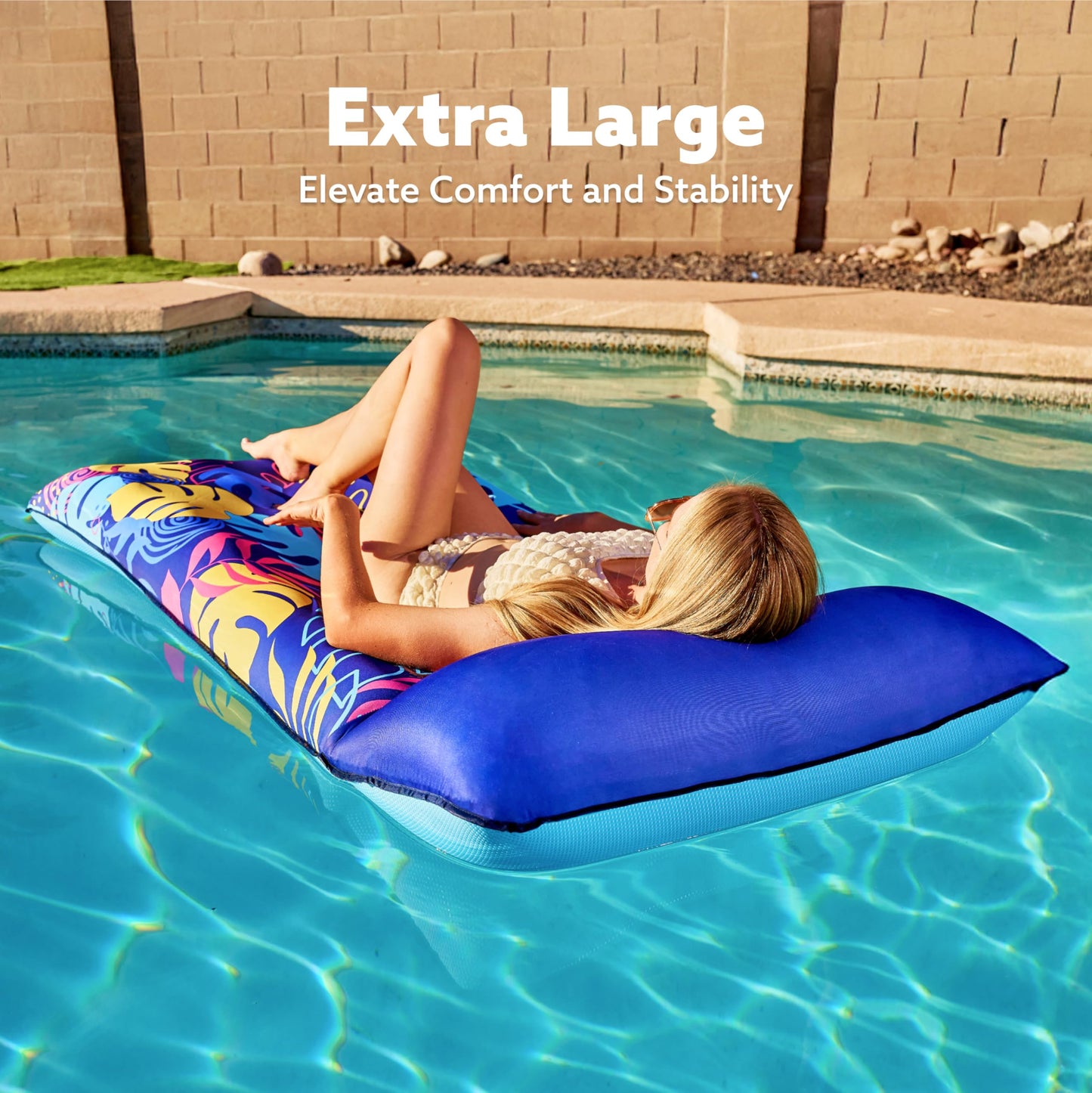 Sloosh Inflatable Pool Floats Raft - XL Fabric Covered Pool Mat Lounger Floaties for Adults, Ultra Comfort Inflatable Water Float with Headrest for Beach Lake Swimming Pool Floating 68"X34" (Blue)