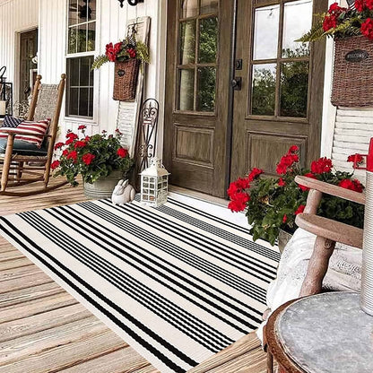 BUAGETUP Black and White Outdoor Rug 3'x 5' Cotton Woven Washable Rug Striped Front Porch Rug Area Rug Floor Mat for Farmhouse/Layered Door Mats/Living Room