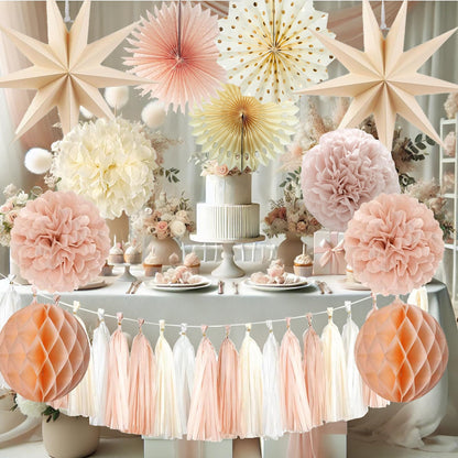 Champagne Beige Party Decoration,15PCS Champagne Boho Birthday Decorations for Women Men Girl Boy,Hanging Backdrop Decor for Engagement,Boho Wedding,Baby Shower,Bridal Shower,Garden Party