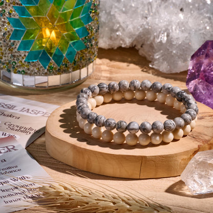 Bivei 2-Piece 8mm Beaded Bracelets for Women – Picasso Jasper, White Fossil Jasper – Handmade Natural Crystal Stretch Elastic Jewelry for Meditation, Yoga, Protection Gifts