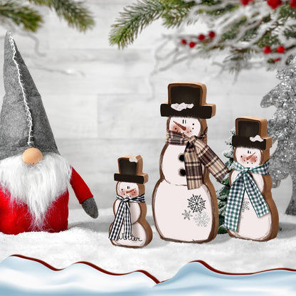 Suzile 3 Pcs Winter Table Decorations Wooden Centerpiece Block Signs Tiered Tray Desktop Figurine for Indoor Fireplace Mantel Home Decor Holiday Xmas(Brown,Snowman)