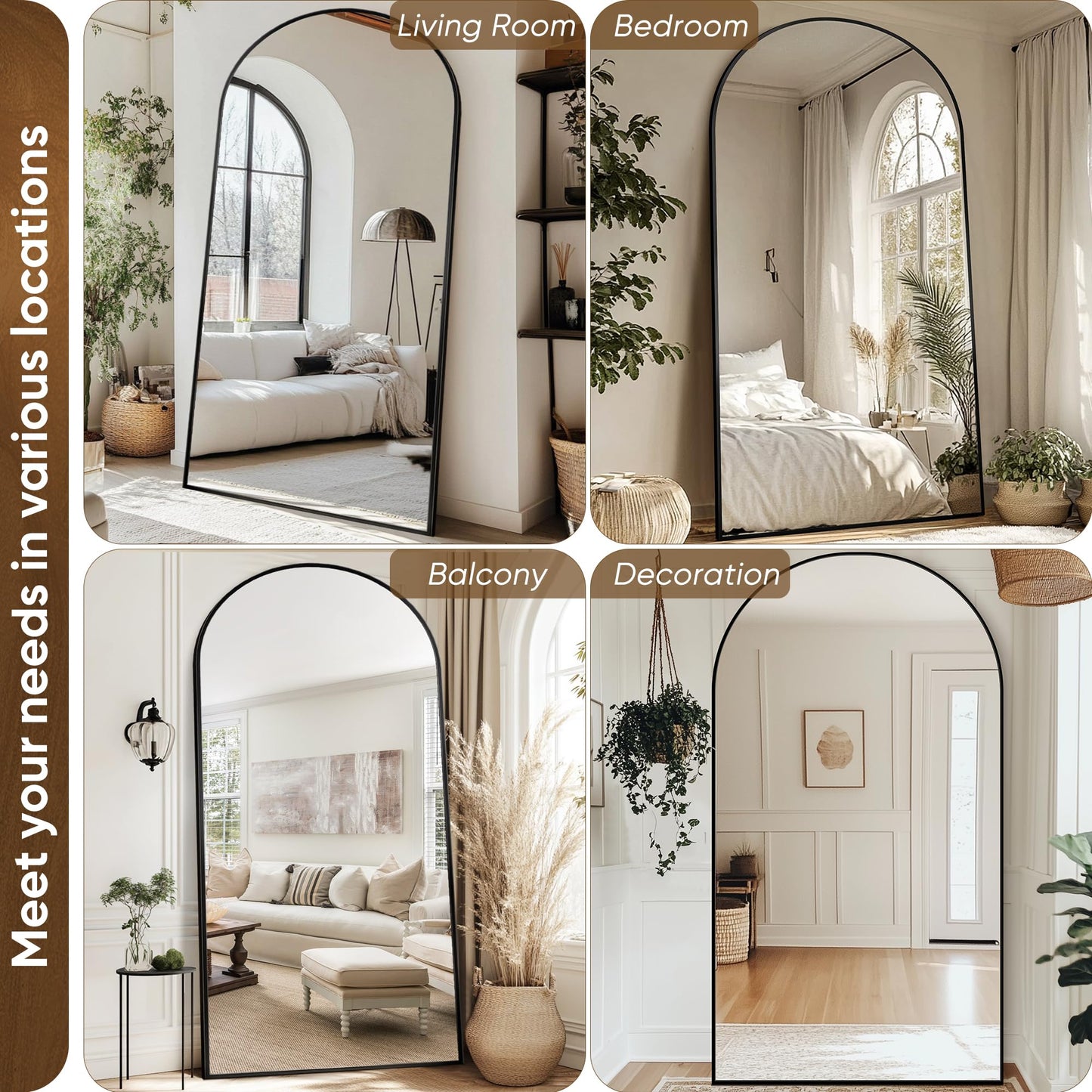 Antok Full Length Mirror, 44"x82" Oversized Floor Mirror with Stand for Bedroom, Living Room Cloakroom, Black, Arch Style
