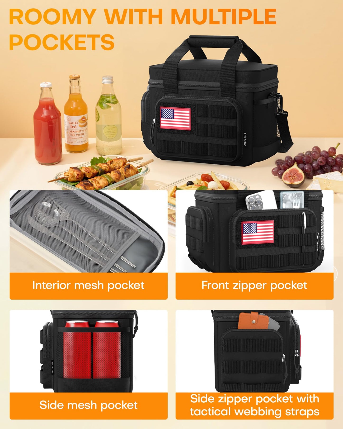 HOTOR Lunch Box for Men & Women - Insulated Lunch Bag with Multiple Pockets, Tactical Cooler Bag for Work, Hiking, Camping, Fishing, Travel, Black, 11.0" x 8.3" x 7.1"
