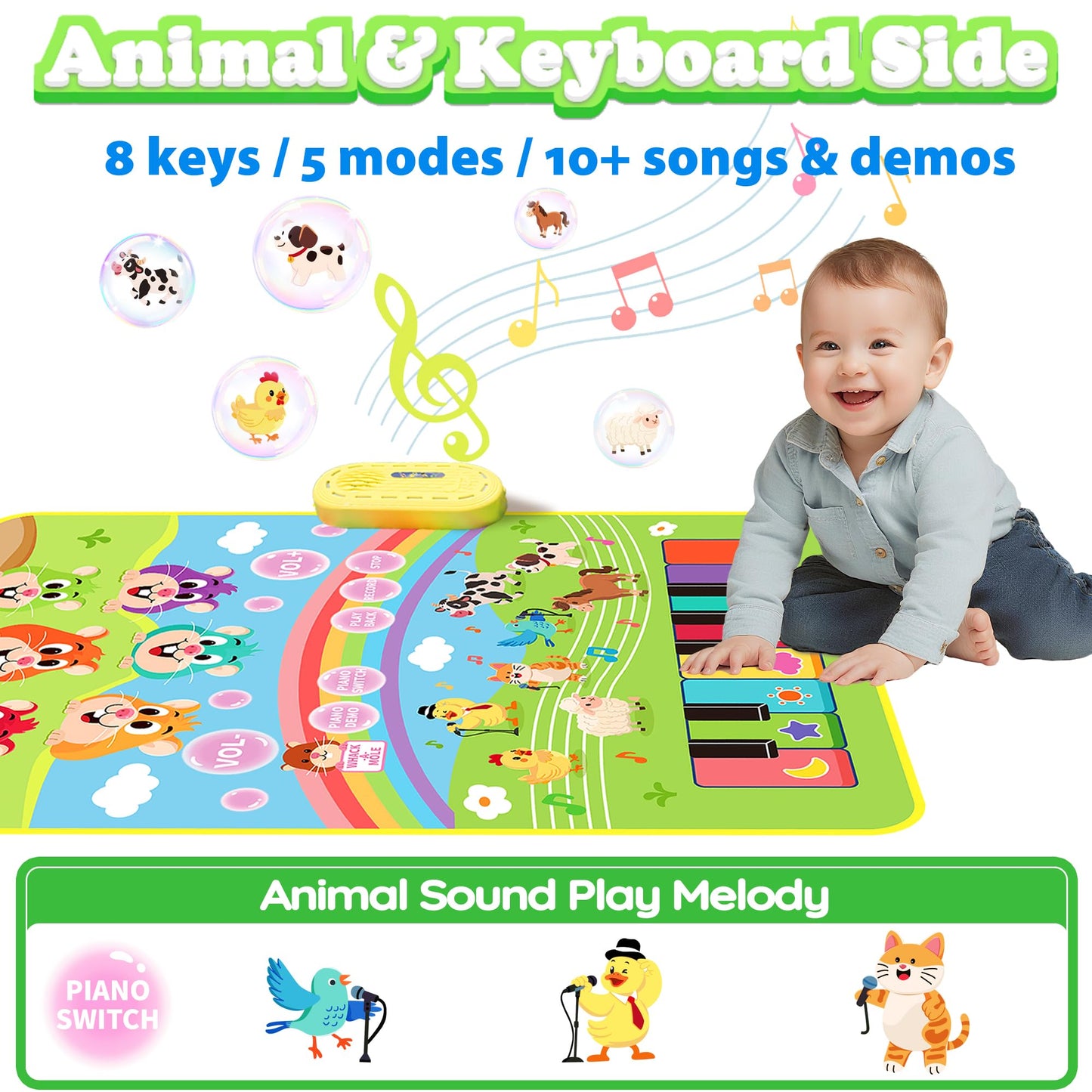 MOMUSE 3-in-1 Piano Music Mat for Kids, Whack-a-Mole Game Floor Play Mat with 30 Sound & Function Keys, Sensory Musical Toys for Baby Girls Boys Toddlers 1 2 3 4 5 6 Years Old