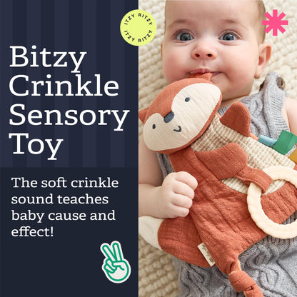 Itzy Ritzy - Bitzy Crinkle Sensory Toy for Babies & Toddlers — Features Crinkle Sound, Soft Braided Teething Toy Ring & Textured Ribbons — Gender Neutral Baby Item for Ages 0 Months & Up, Fox