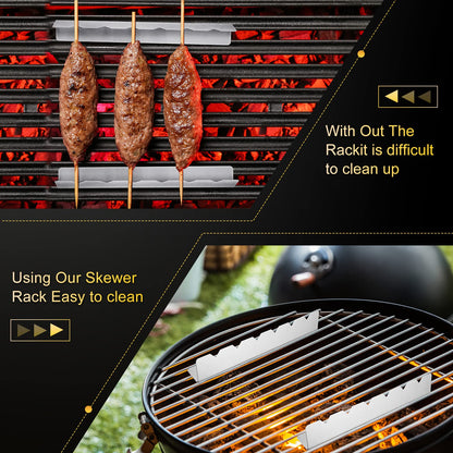 4 Pcs Skewers Holder Stainless Steel Shish Kabob Rack BBQ Long Skewers Rack for Round Flat Wood Metal Bamboo Grilling Accessories 12 Inch