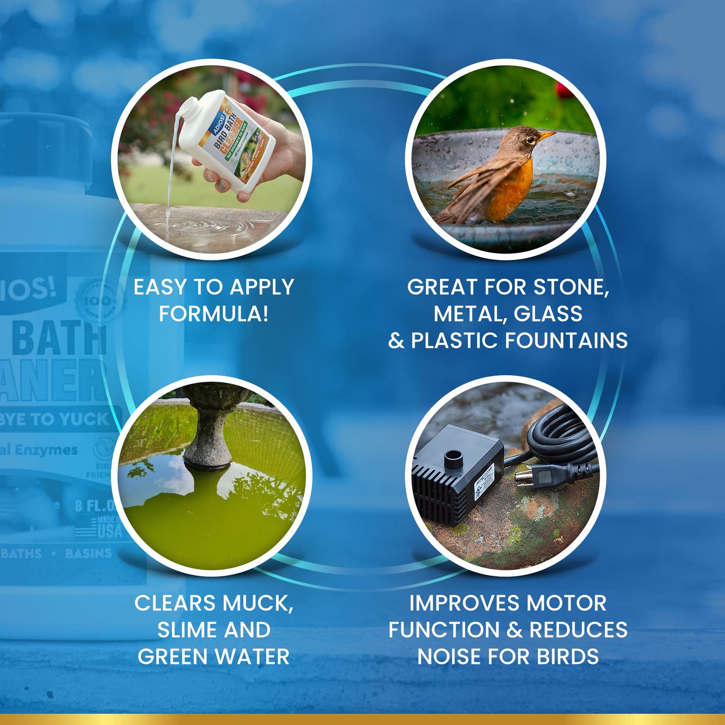 ADIOS! Bird Bath Cleaner for Outdoor Fountains and Bowls, Safely Cleans Metal, Glass and Stone (16oz)