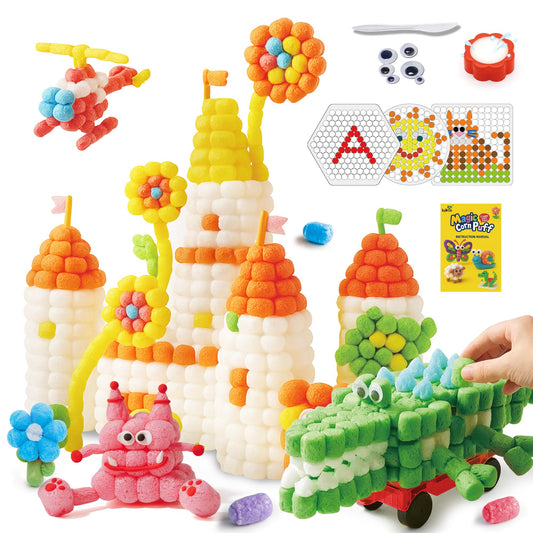 Kiditos Magic Puff Corn Building Kit – 3D Colorful Craft for Kids, DIY Art Set with Sticky Corn Pieces, Templates & Tools – Sensory, Educational & Mess-Free Play for Ages 3+