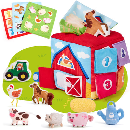 hahaland Baby Toys 6-12 Months - Mystery Soft Box with 12 Sensory Farm Animals Plush, Whats Inside Box with Rattle, Crinkle, Squeaker, Mirror, Montessori Toys for 6 Month Old Easter Basket Stuffers