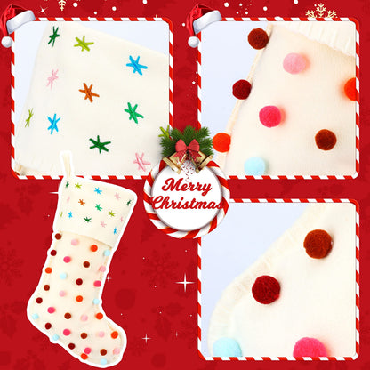 Hopearl Pom Pom Christmas Stocking Kit Boho Style Socks Ultra Soft Holder Ornament Luxury Gifts Bags for Family Xmas Tree Party Supplies, Cream, 18''