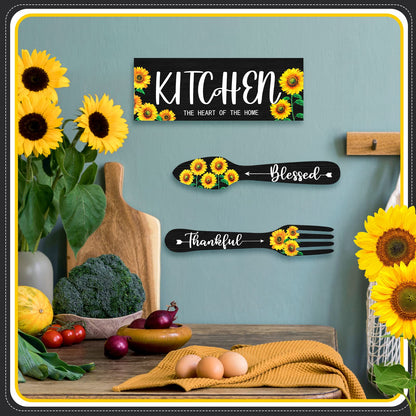 Yerliker 3 Pieces Sunflower Kitchen Decor Hello Summer Blessed Thankful Wooden Hanging Eat Signs Fork and Spoon Summer Farmhouse Wall Art Decor for Kitchen Home (Black, 13.78 x 5.12 Inch)