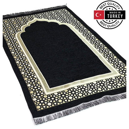 Modefa Turkish Islamic Prayer Mat - Thin Woven Chenille Sajjadah - Intricate Praying Rug Ramadan Eid Gift - Traditional Muslim Janamaz Sajada for Men Women - Geometric Selcuk Star (Black)
