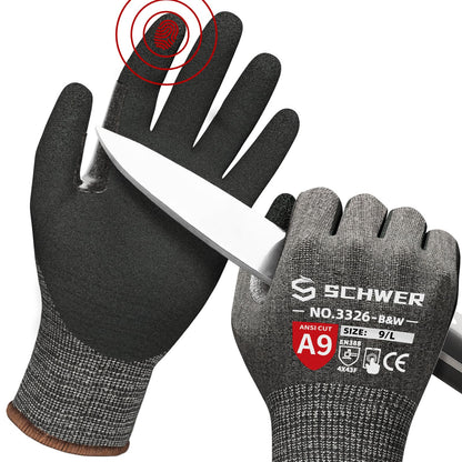 Schwer ProGuard High Level Cut Resistant Work Gloves PR3326 for Extreme Protection，ANSI A9 Cut Gloves with Reinforced Thumb, Non Slip, Breathable, Durable, Touch-screen, Black 1 Pair（L）