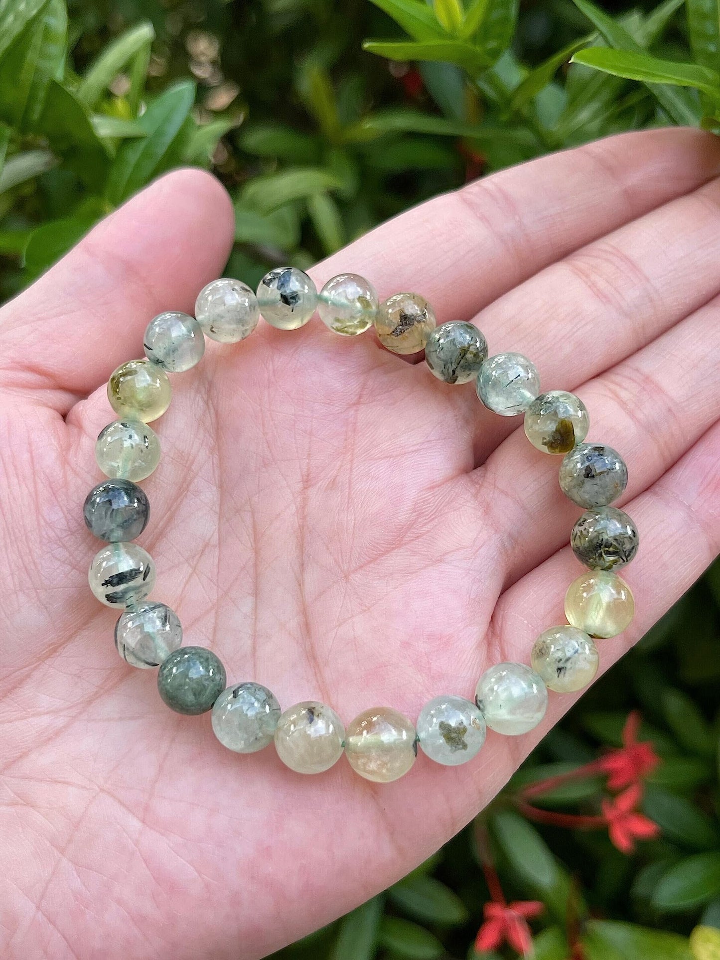 GAF TREASURES Green Prehnite Crystal Bead Bracelet 7-8mm, Genuine Green Prehnite Stretch Gemstone Bracelet, Healing Crystal Bracelet, Gift for Men & Women (1)