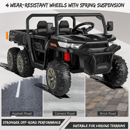 Hikole 2 Seater Ride on Car with Remote, 24V Kids Electric Cars w/Dump Bed, 6 Suspension, 4WD, 3 Speeds, Music, Storage Trunk-6x6 Ride On UTV Truck for Big Kids Boys Girls Age 3-8, Black