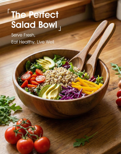 GleeNflux Acacia Wood Salad Bowl Set, 3-Piece Natural Solid Wood Serving Bowls, Handcrafted & Hand-Polished, Wooden Salad Bowls for Kitchen & Dining for Pasta, Yogurt, Fruit, Snacks & Gift Giving