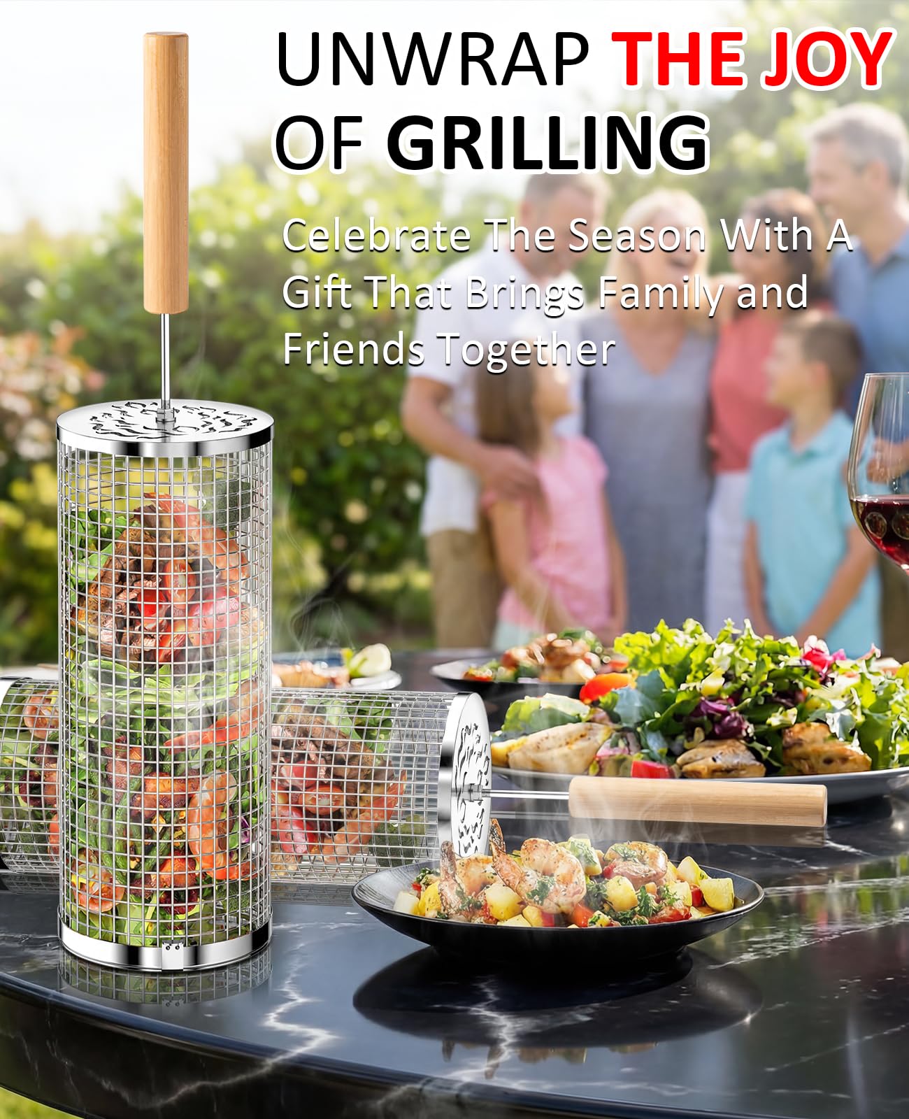 Rolling Grill Basket, Removable Wooden Handle, 304 Stainless Steel, Nesting BBQ Tools for Vegetable, Outdoor Smoker Camping Accessories, Father's Day Gifts Birthday Gift for Men Dad Husband