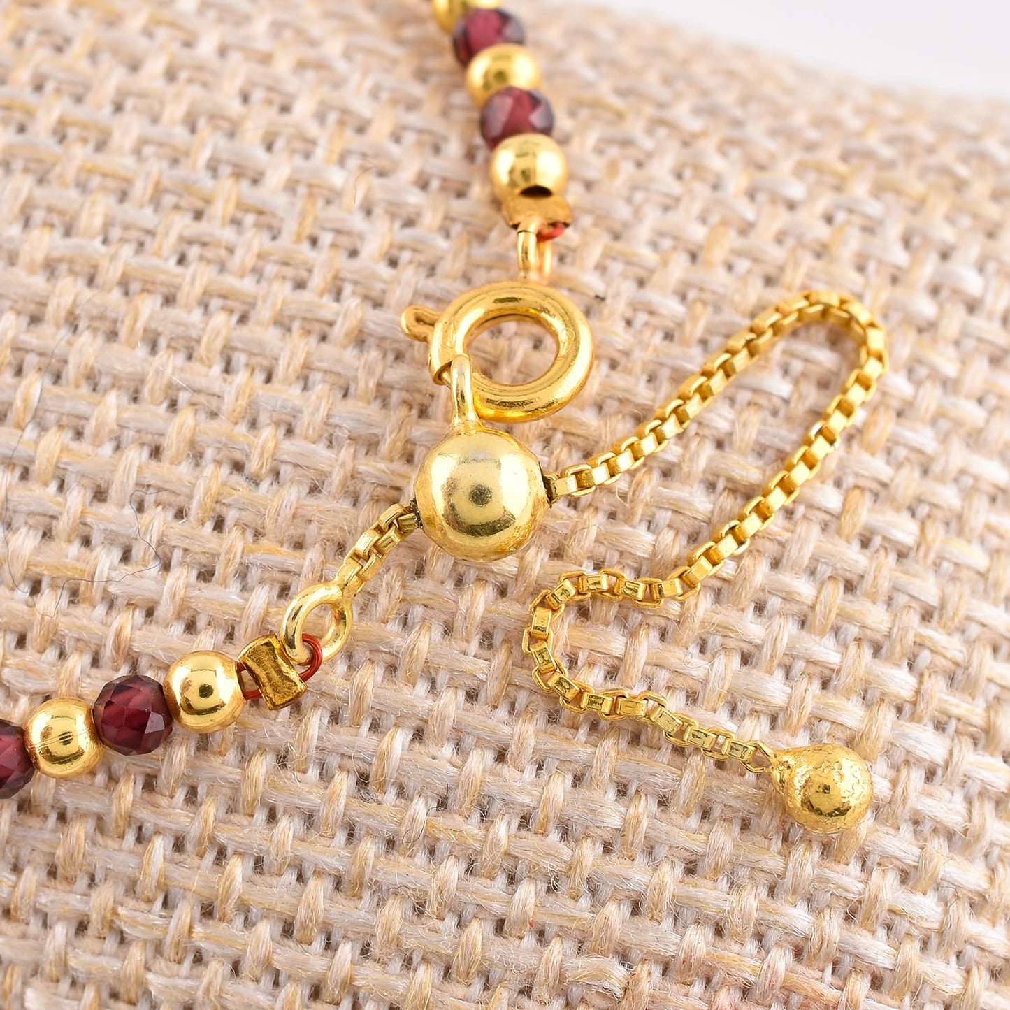 QNAVIC Red Garnet Dainty Slider Link Bracelet For Women, Chakra Healing Crystal Gemstone January Birthstone, Gold Plated Ball 6-8 Inches Adjustable Christmas and Birthday Gifts for Her